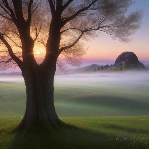 Impressionist Landscape with Lone Tree at Dawn