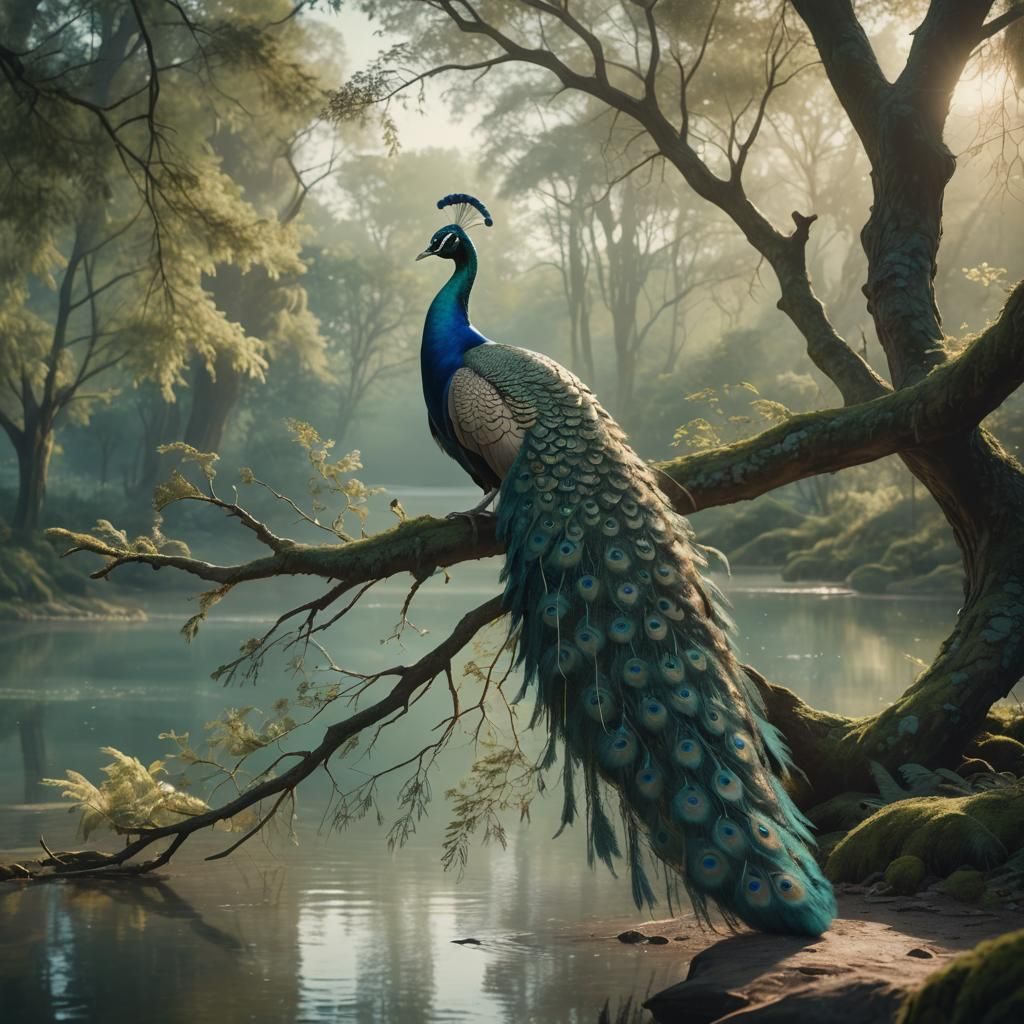 Stylized Peacock with Open Tail in Forest, Digital Painting