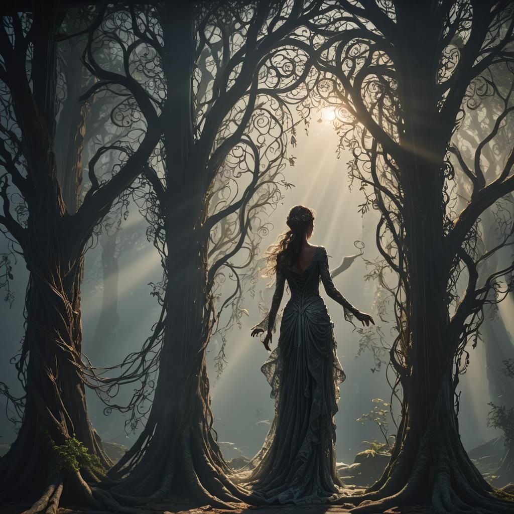 Lace Curtains with Ethereal Lighting in Dark Fantasy Art