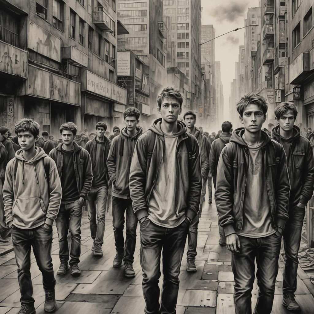 Hopeless Youth in Dystopian Charcoal Drawing