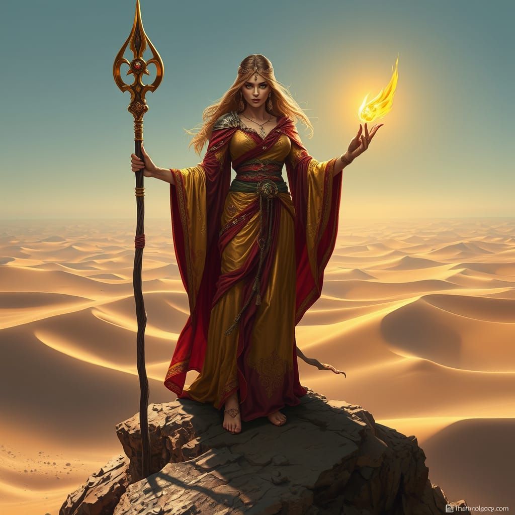 Desert Sorceress Overlooking Dunes, Photorealistic Art