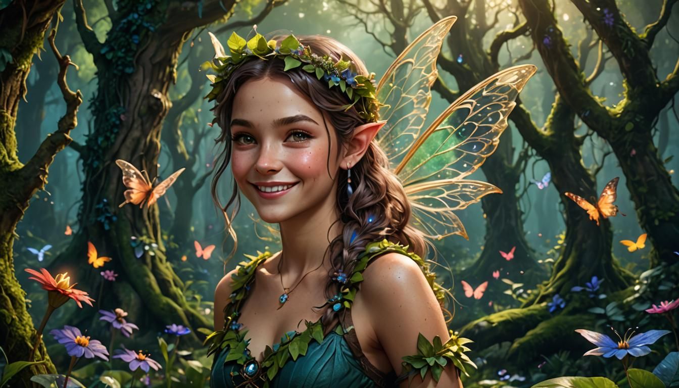 Smiling Fairy in Enchanted Forest: Detailed Matte Painting