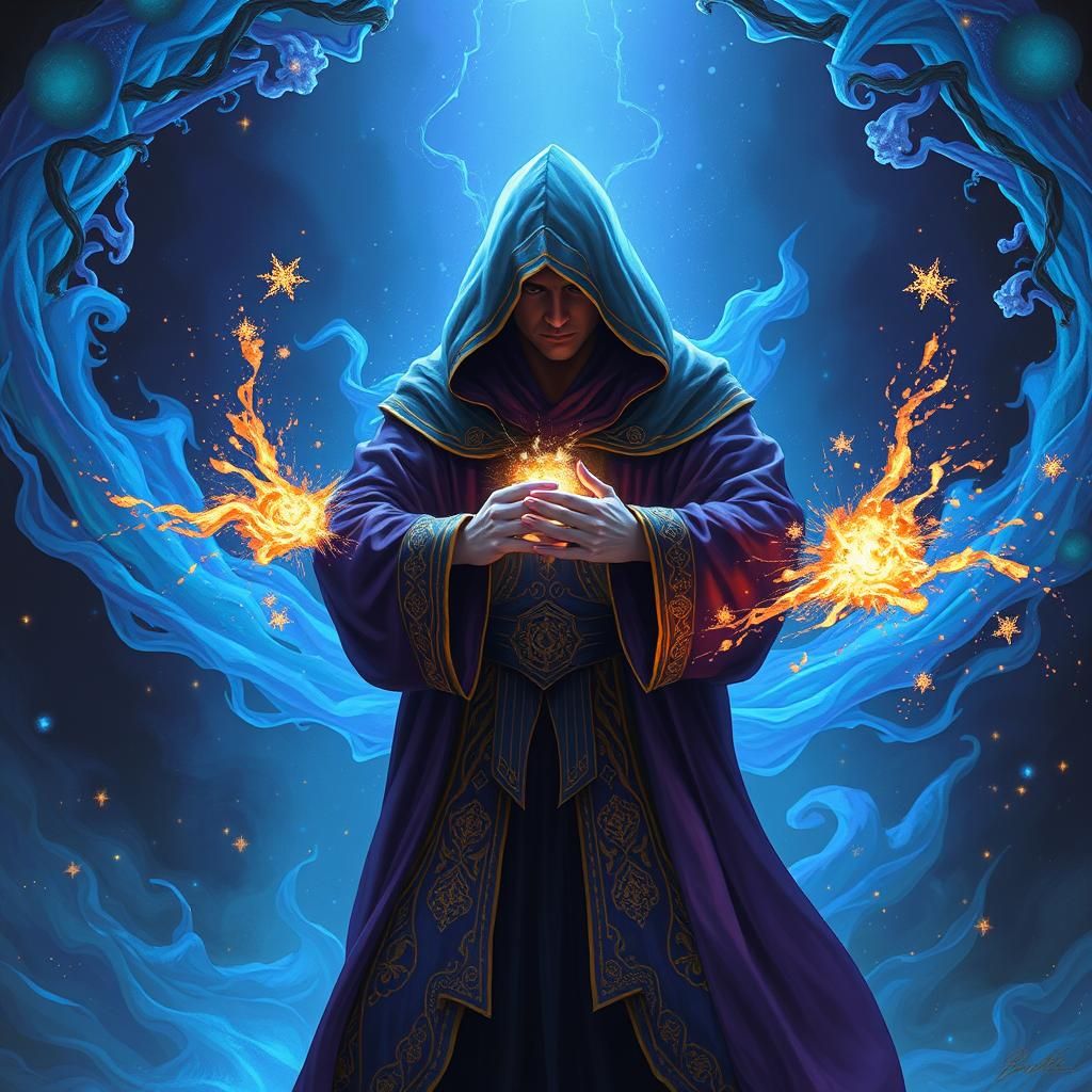 Hooded Mage Casting Spell in Surreal Fantasy Art Style