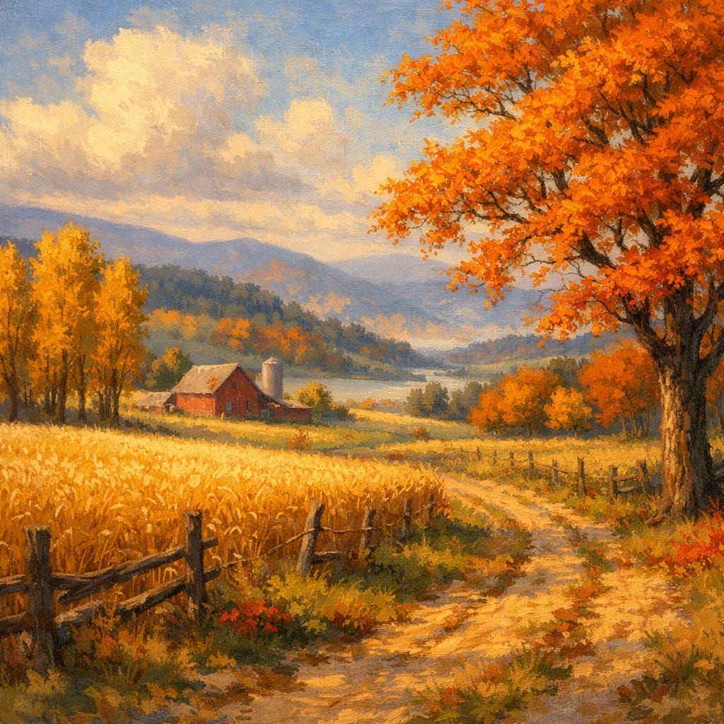 Autumn Country Landscape with Wheat Fields in Painterly Real...