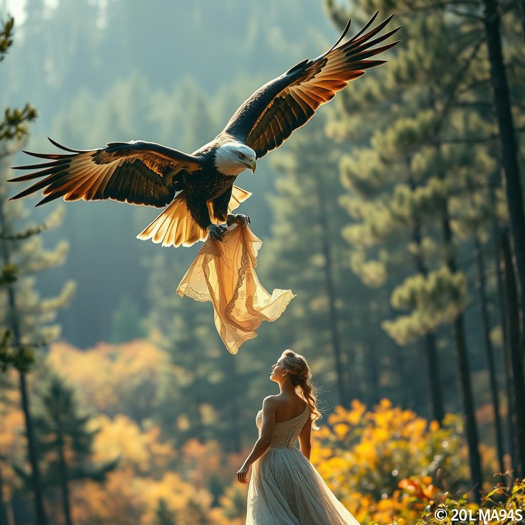 Eagle Delivers Dress to Woman in Forest, Photorealistic