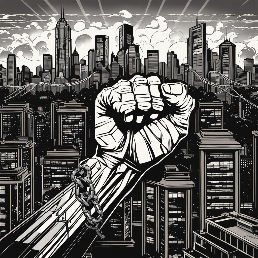 Grayscale Fist Breaks Chains in Graphic Novel Style