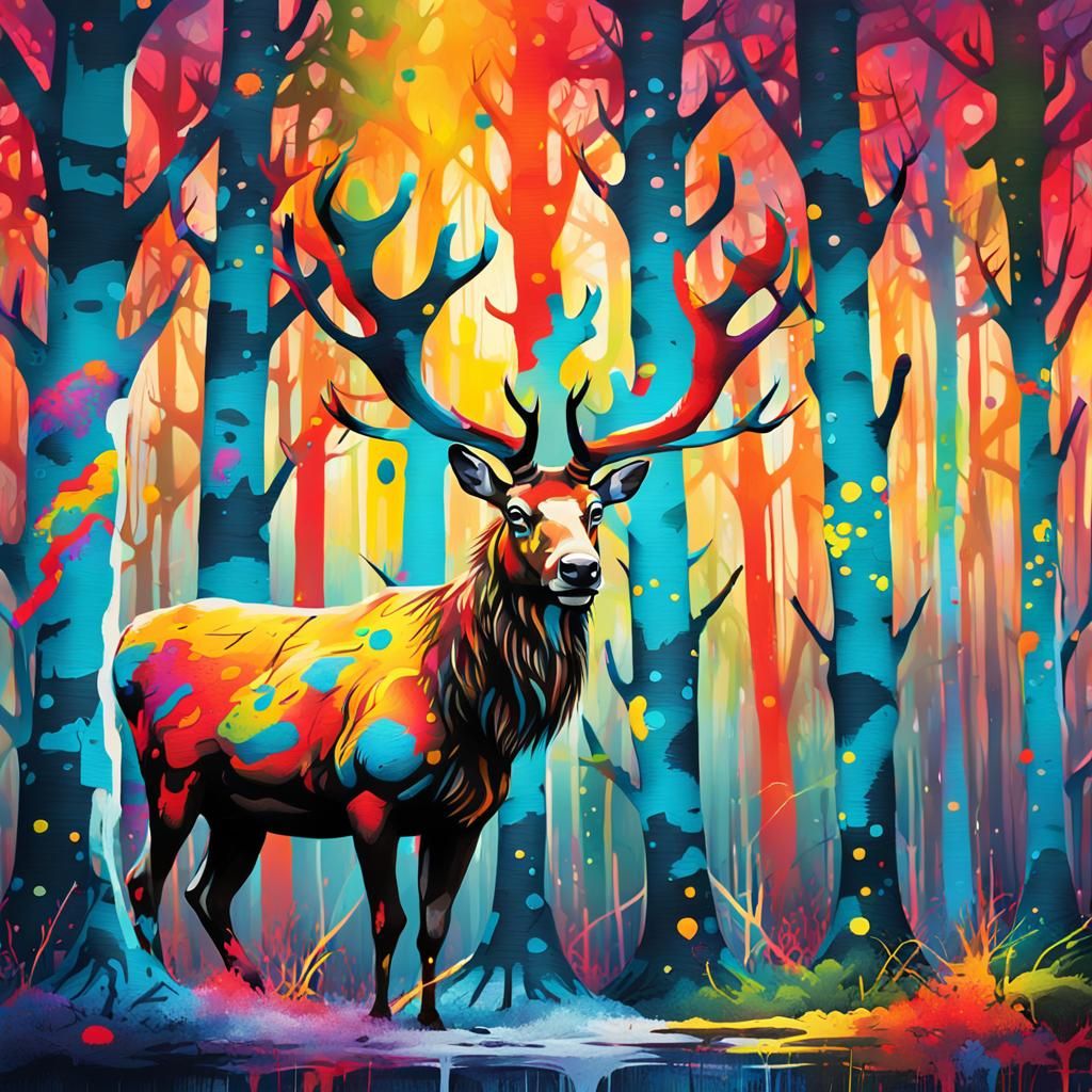 Reindeer in Forest: Dynamic Graffiti Street Art