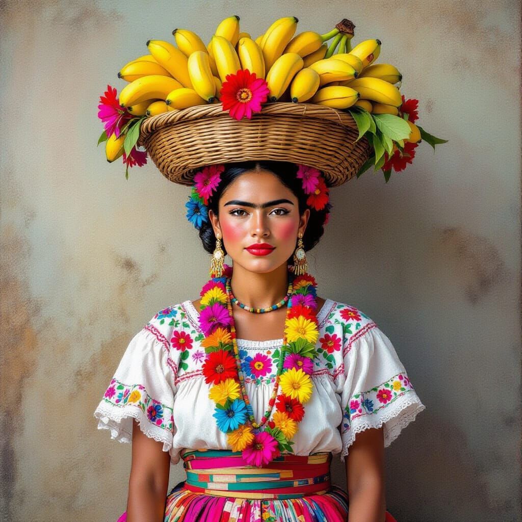 Andean Woman with Bananas, in the Style of Latin American Ma...