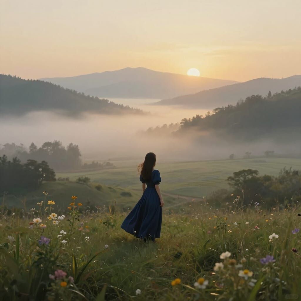 Woman in Blue Dress Overlooking Misty Valley at Dawn