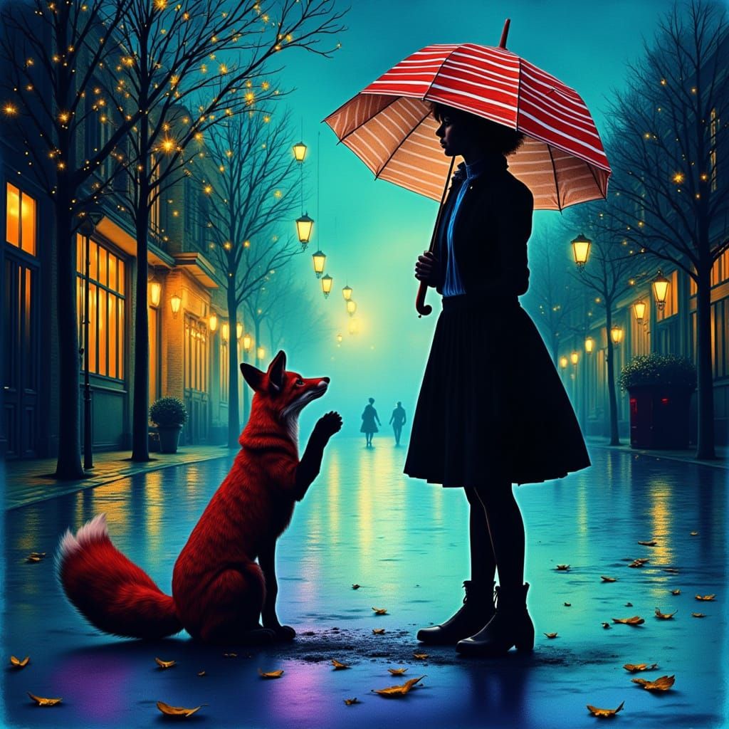 Girl and Fox Steampunk Watercolor Illustration