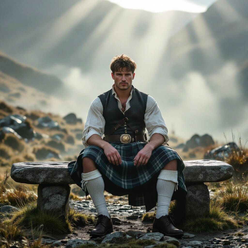 Scottish Highlander in Kilt in Misty Glen