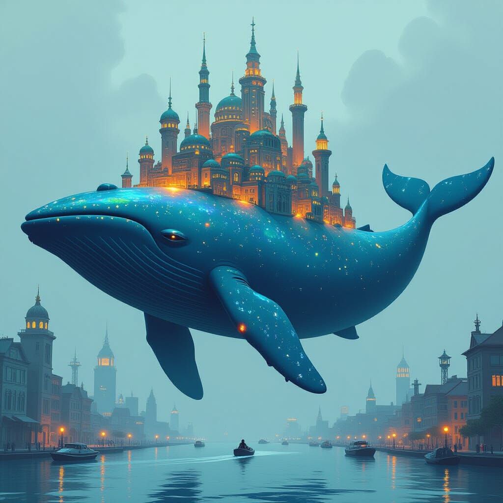 Whale Carrying City with Lights, Futuristic Art