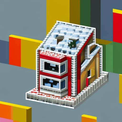 Cozy Pixel Art House in Cubist Geometric Style