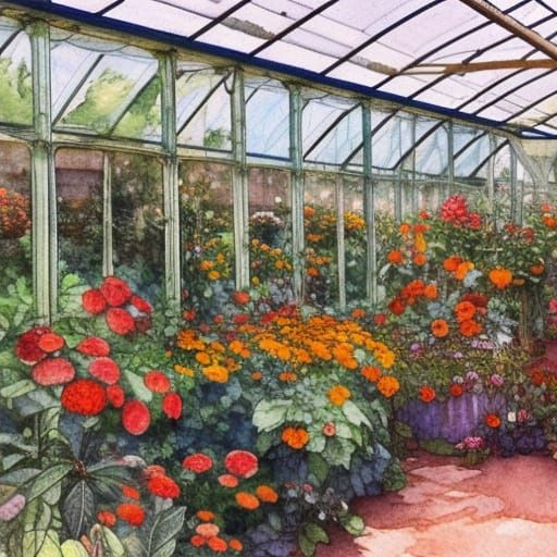 Detailed Watercolor Greenhouse Interior in Lyrical Abstracti...