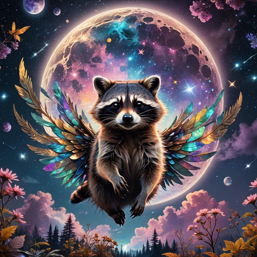 Raccoon with Fairy Wings Under Moonlight