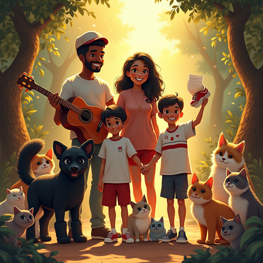 Whimsical Family Portrait with Pets and Golden Light