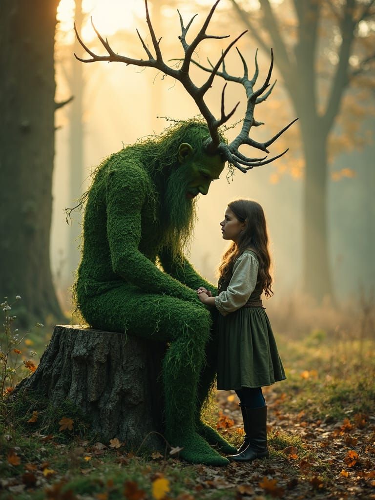 Mythical Green Humanoid in English Forest Scene
