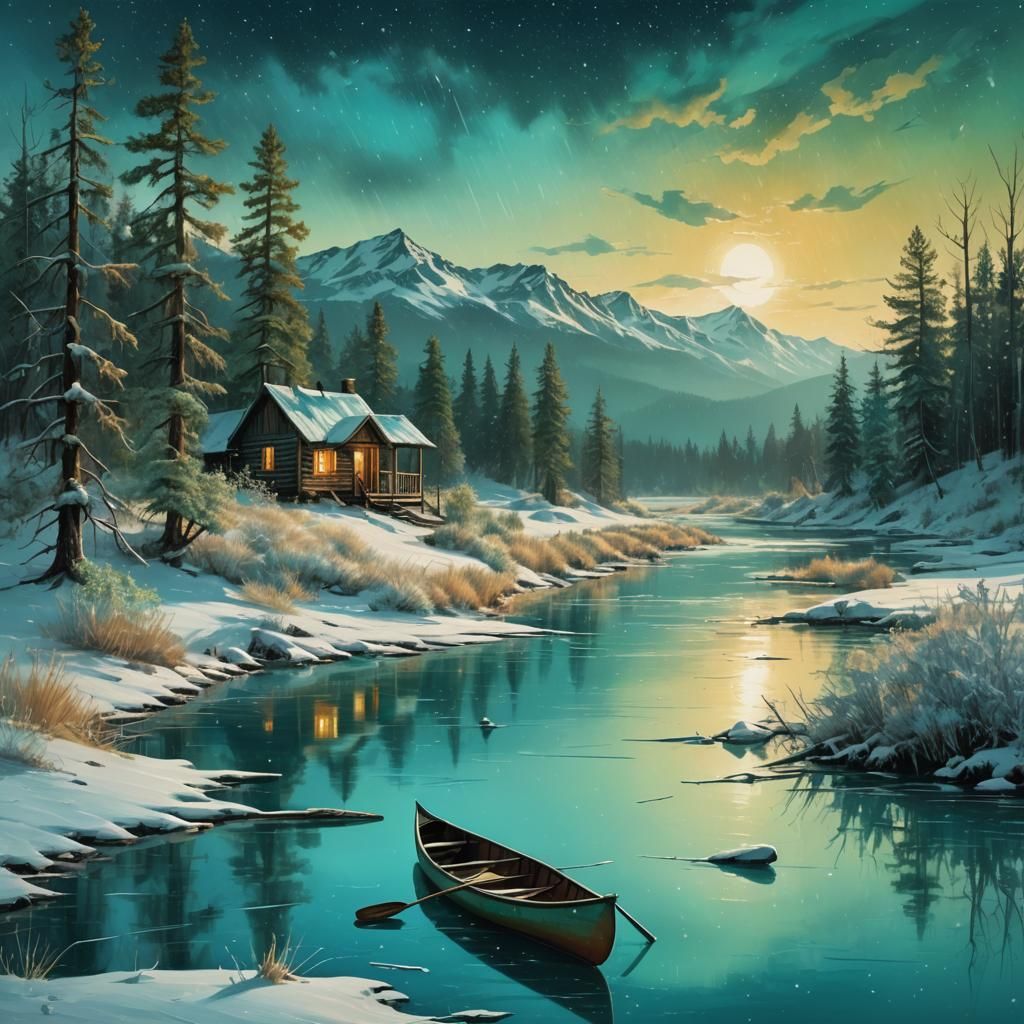 Vibrant Winter Cabin Scene in a Golden Hour Atmosphere