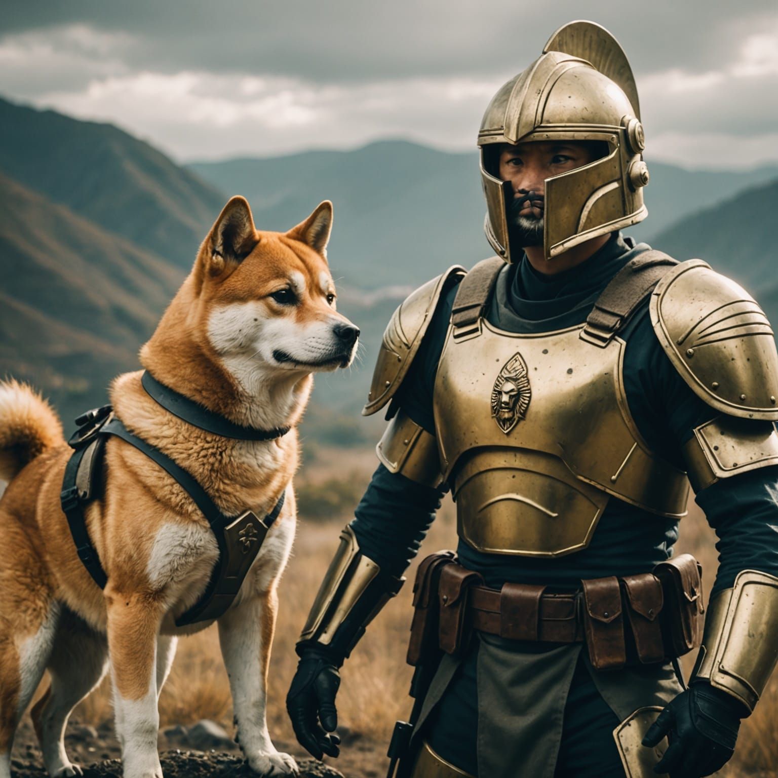 Shiba Inu and Spartan Soldier: Cinematic Still