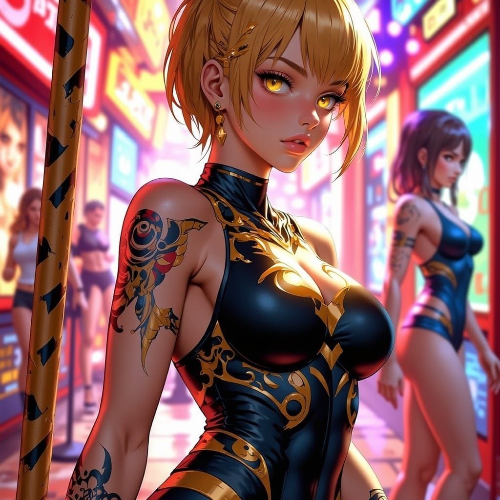 Playful Anime Woman Winking in Amusement Park