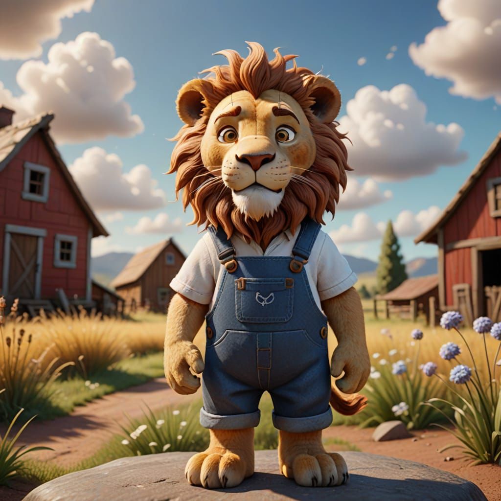 Cartoon Clay Lion with Golden Brown Hair, White Shirt & Blue Overalls with Farm Background. 🦁