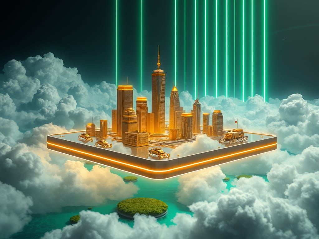 Futuristic Golden City Floating in Emerald Sky