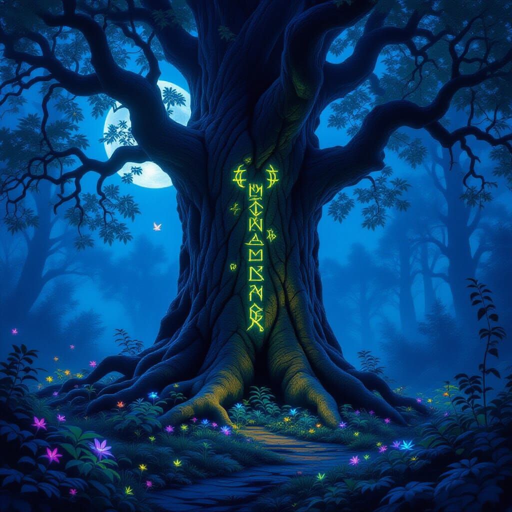 Majestic Ancient Tree with Glowing Runes in Moonlit Forest