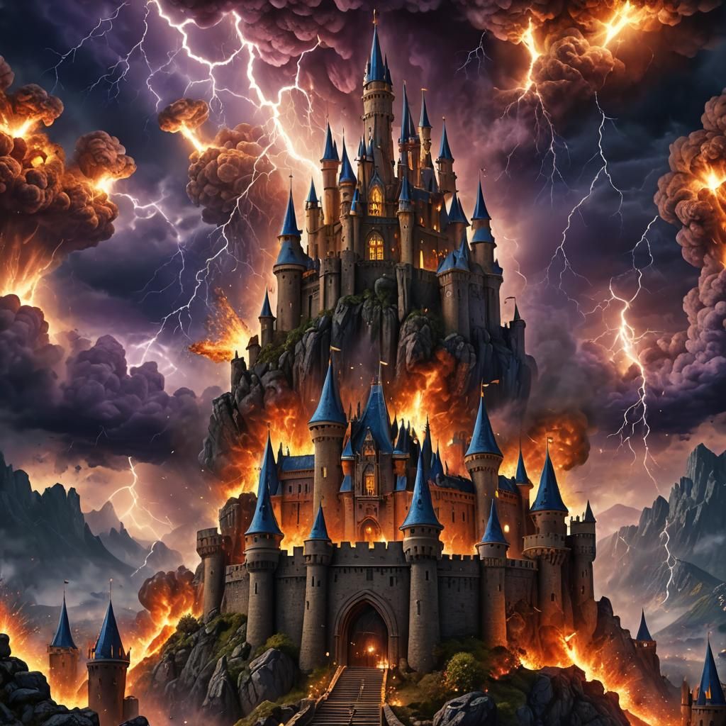 Explosive Fantasy Castle Implosion in a Stormy Night