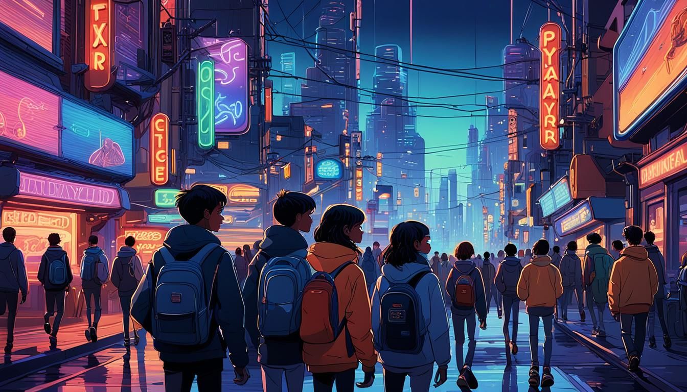 Neon Cityscape: Teenagers Explore Nightlife as Pixar Art