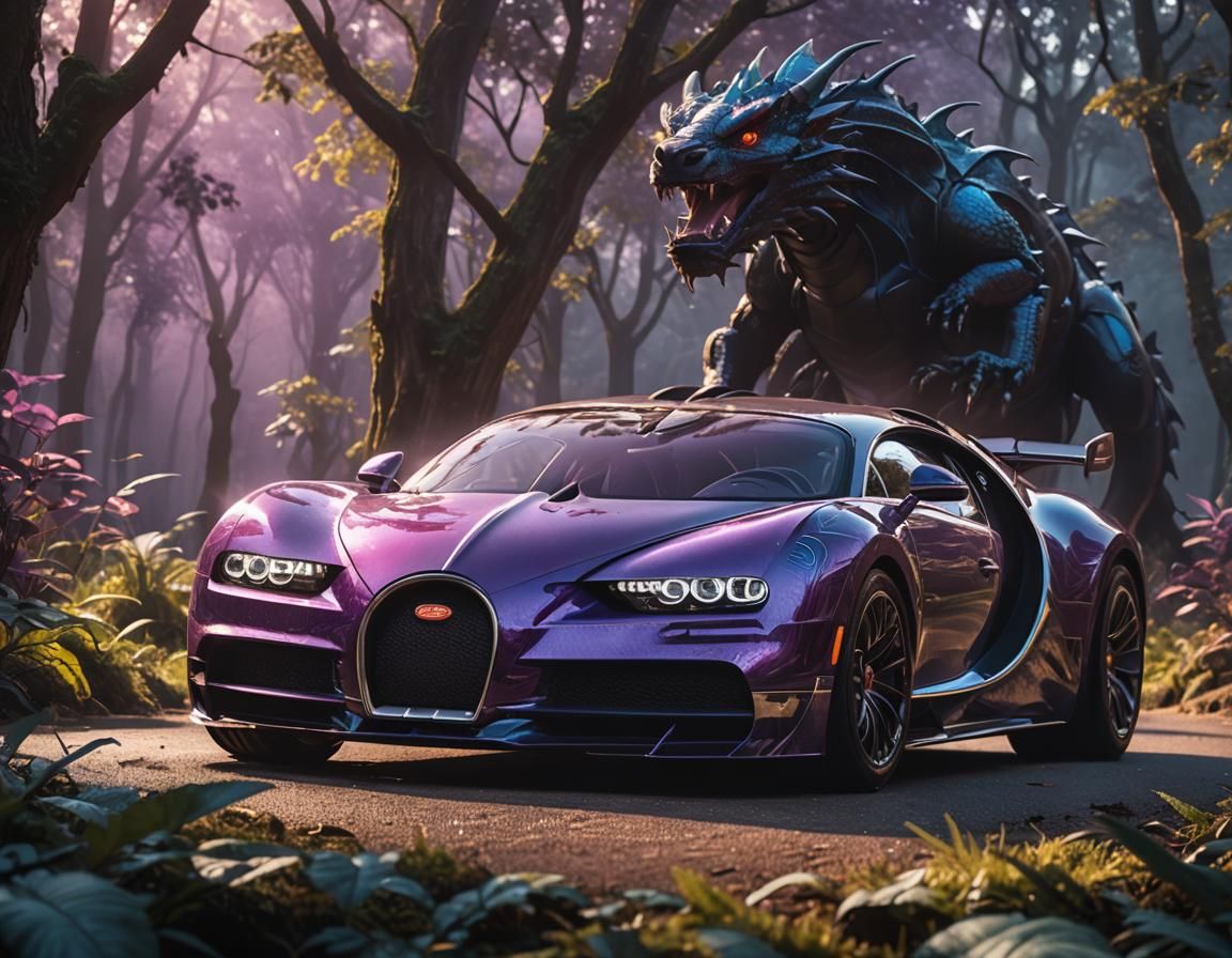 Dragon-Bugatti Fusion in Mystical Forest, Syd Mead Style