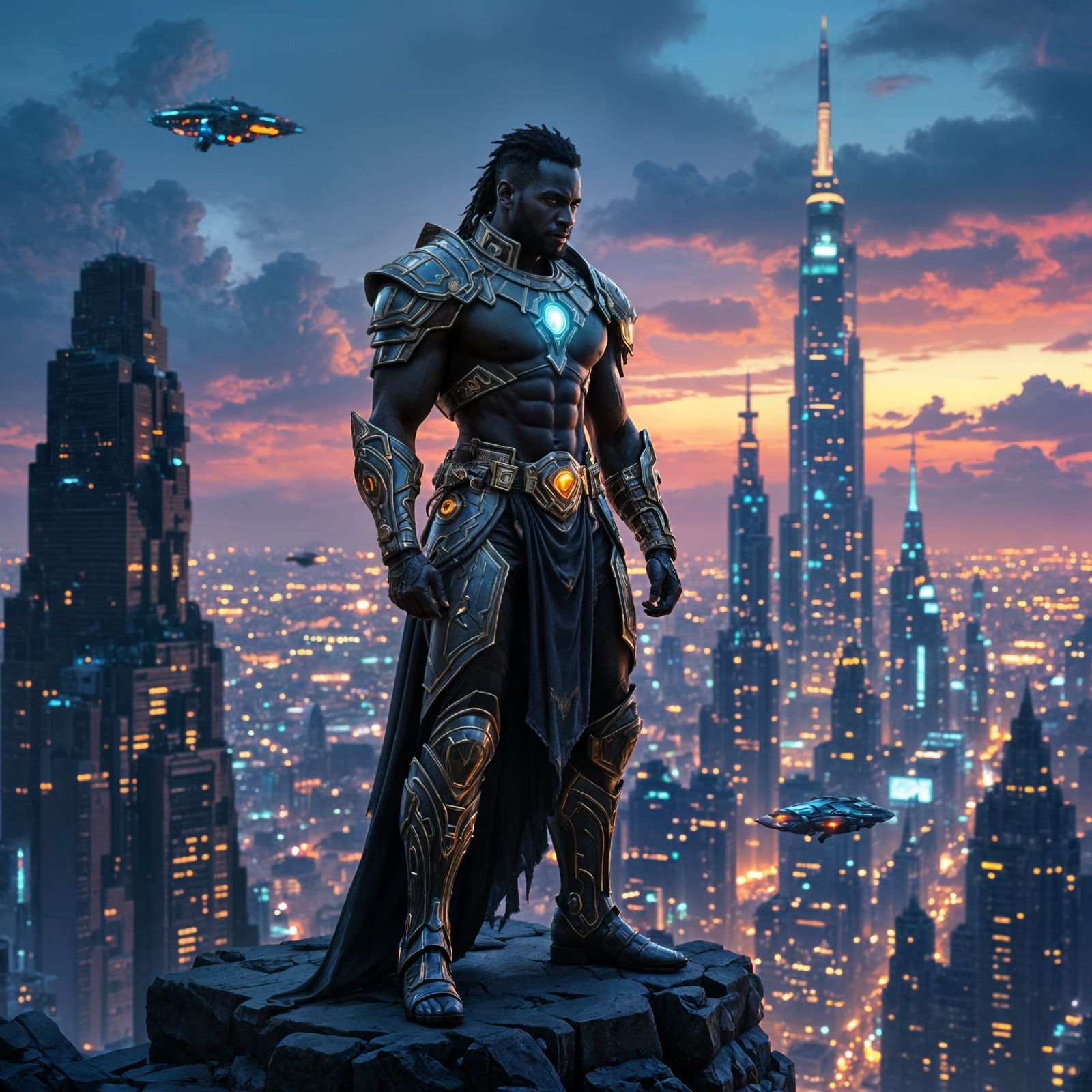 African Warrior God in Futuristic Armor Overlooking Neon Cit...