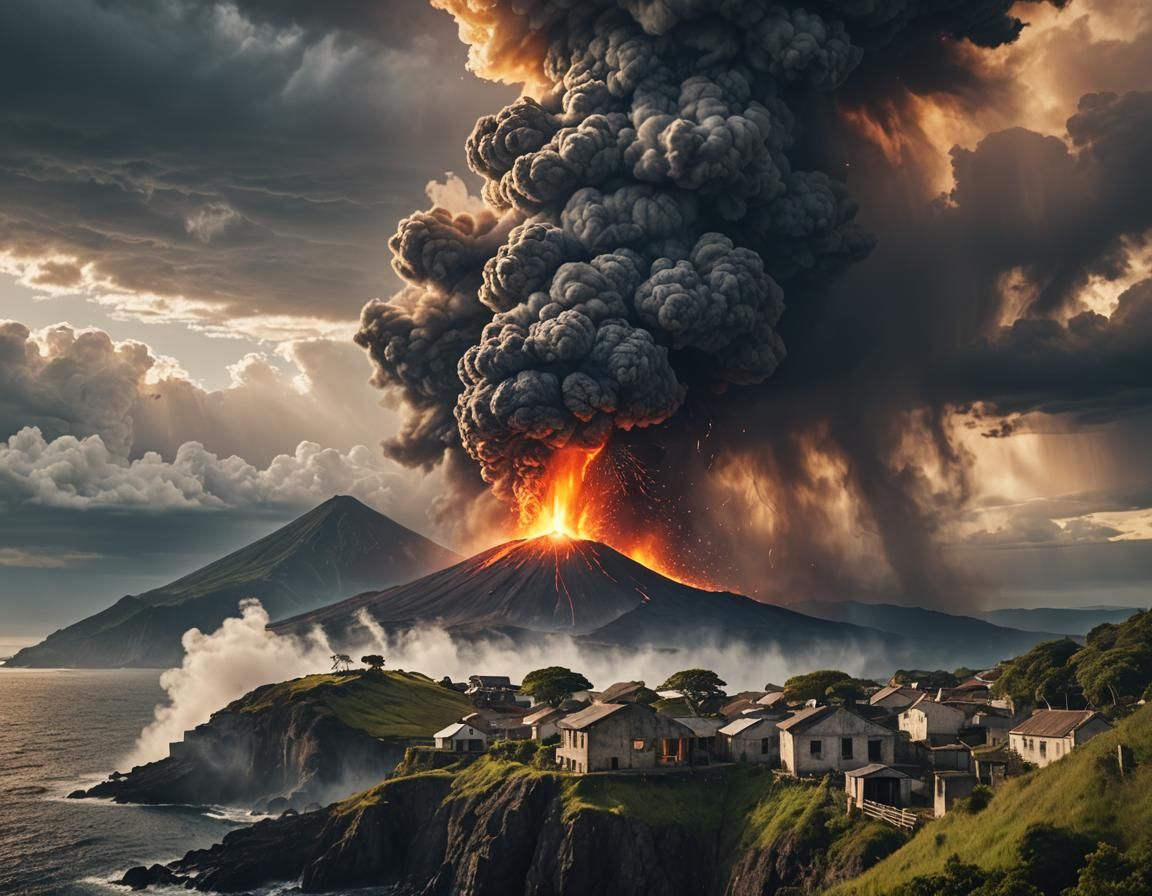Volcano Eruption Over Seaside Village: Cinematic Landscape