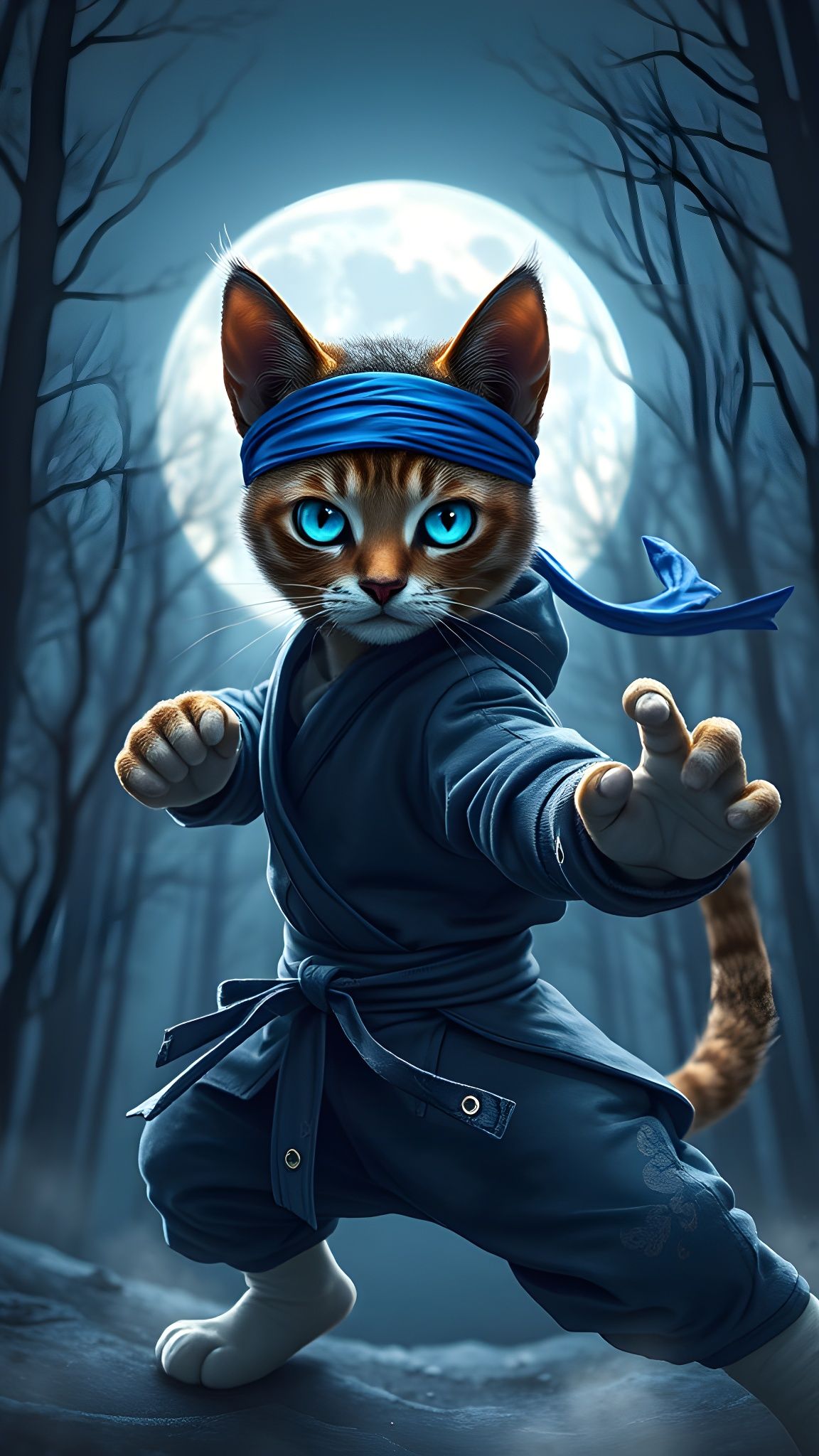 Anthropomorphic Cat Ninja in Moonlit Forest