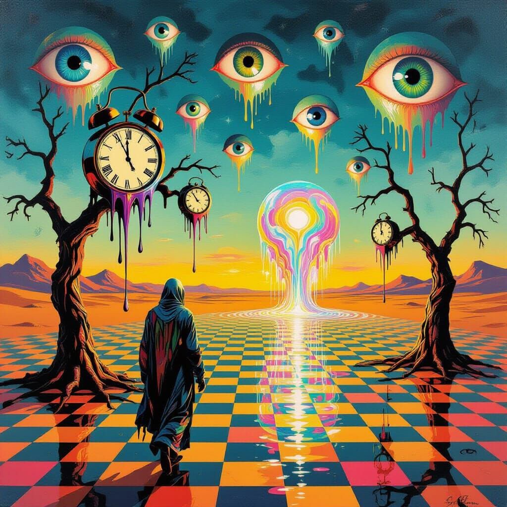 Surreal Desert with Melting Clocks and Floating Eyeballs