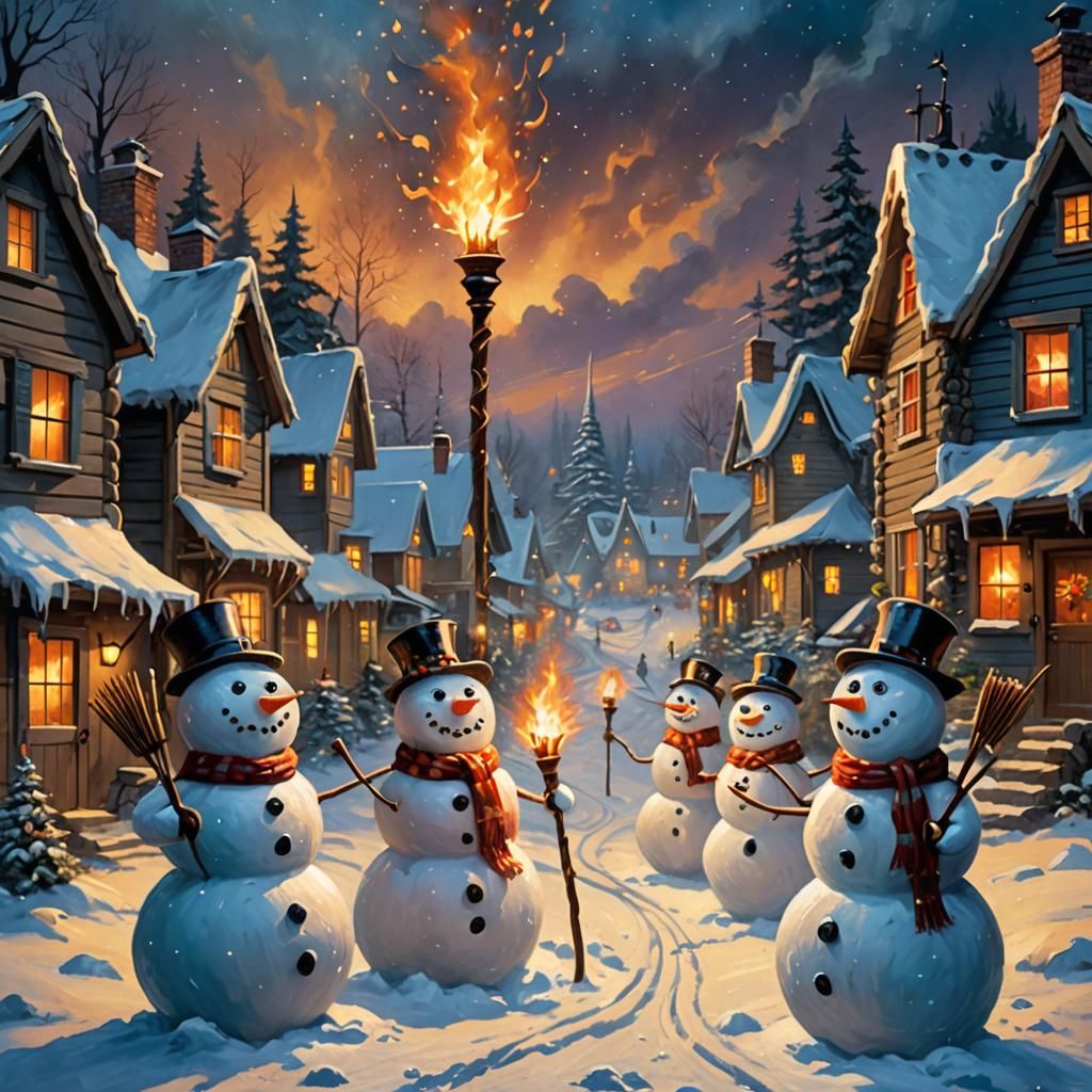 Angry Snowmen Mob in Whimsical Folk Art Style
