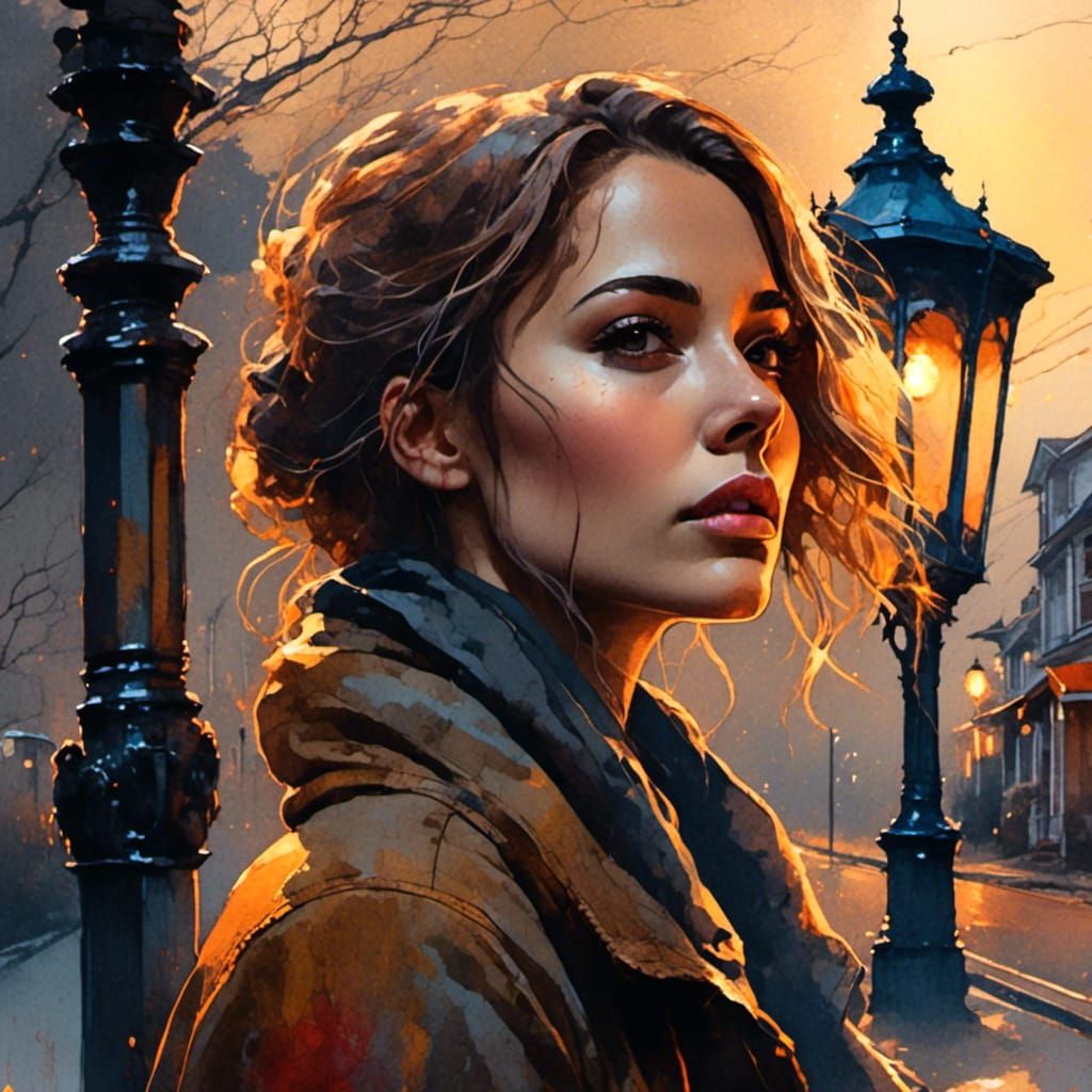 Closeup of woman standing under street light, Suburban scene, single street light, solo woman, portrait, brushed charcoa...