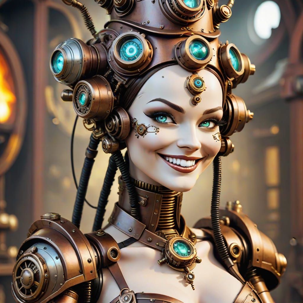 Steampunk Robot Evil Goddess Smiling