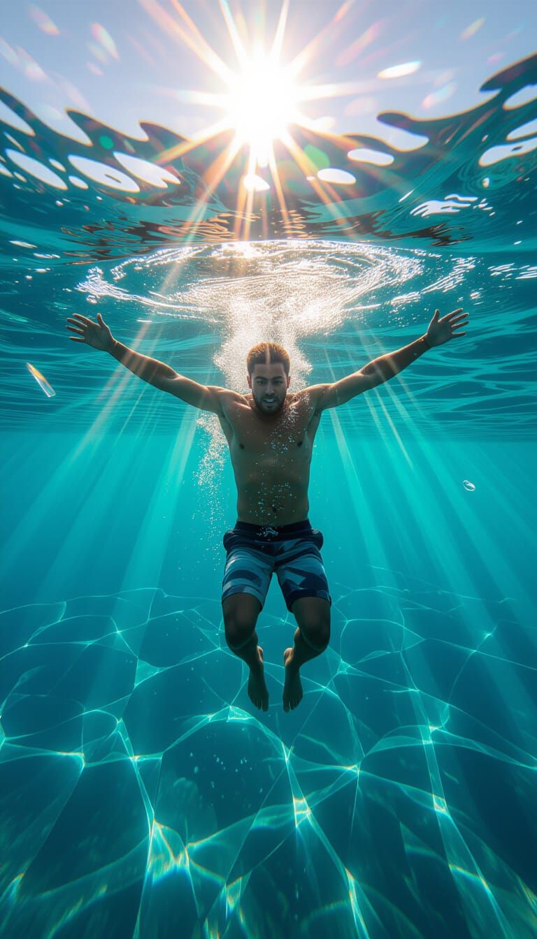 Diver Refracted in Crystalline Ocean