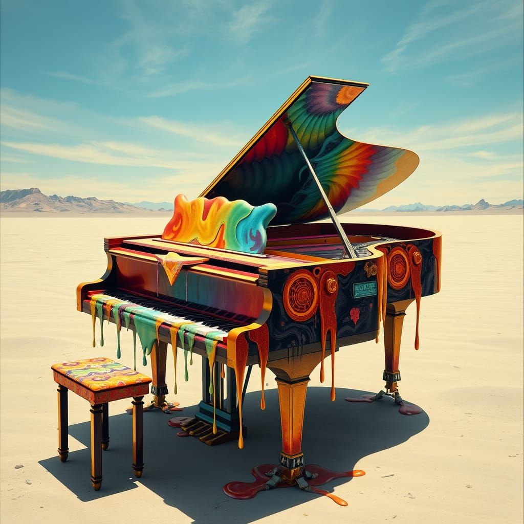 Imagine a melting grand piano in the style of Salvador Dali,...
