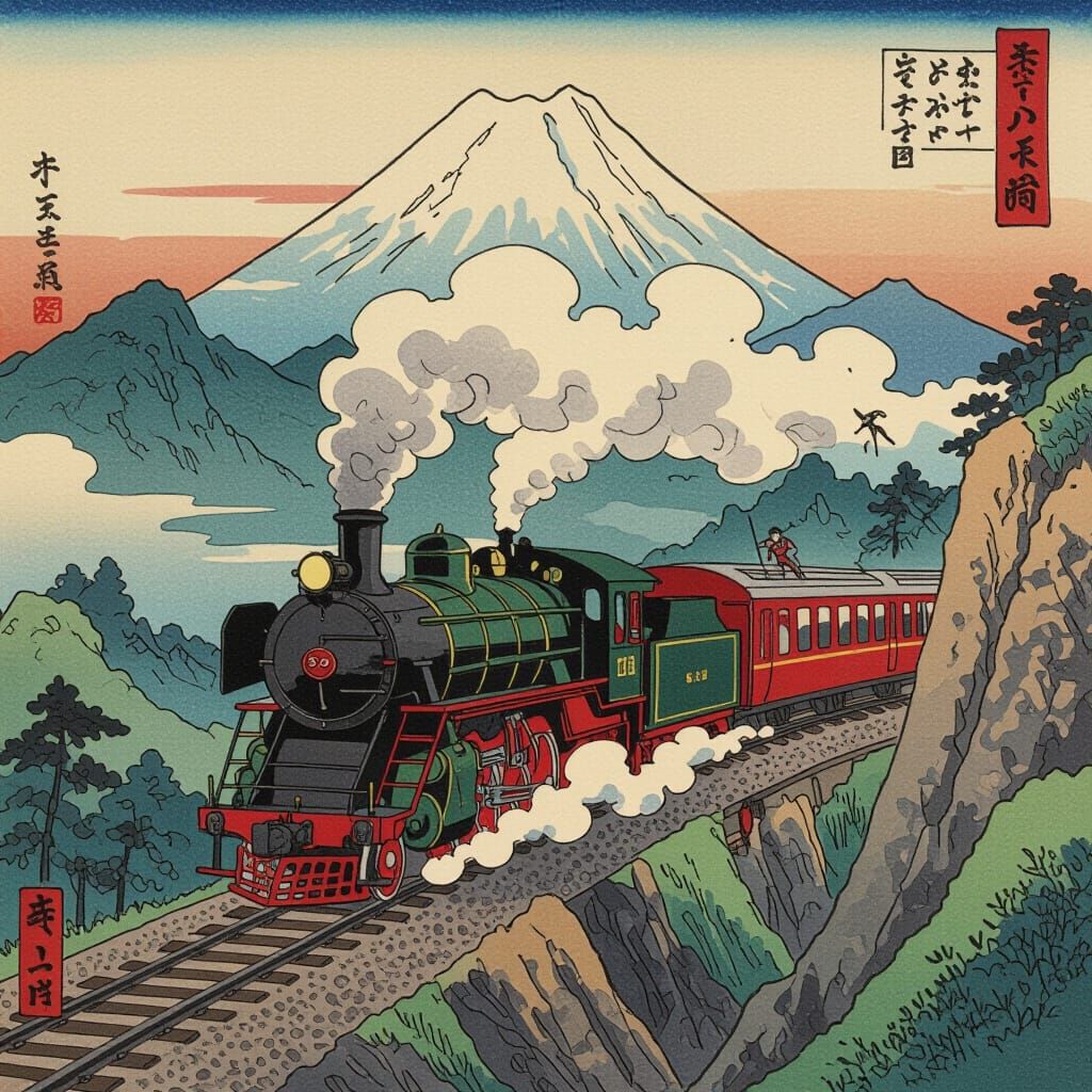 Steam Train in Mountain Landscape: Japanese Ink Drawing