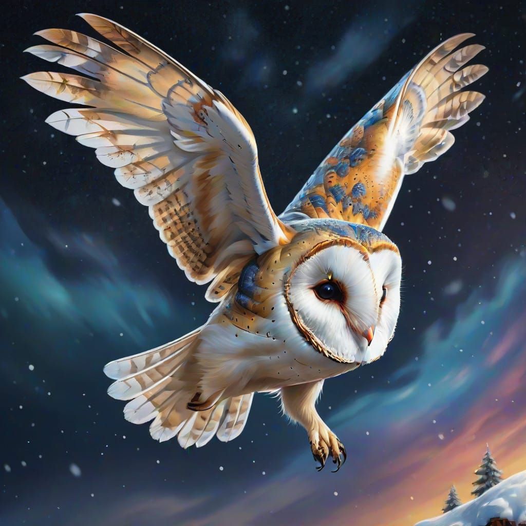 Surreal Hyperrealistic Owl Takes Flight Under Starry Wintery...