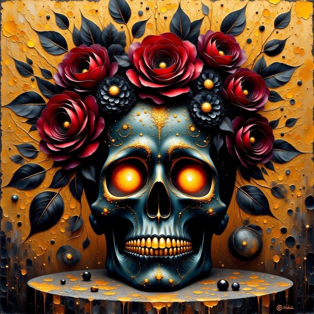Golden Skull Still Life Impasto Oil Painting