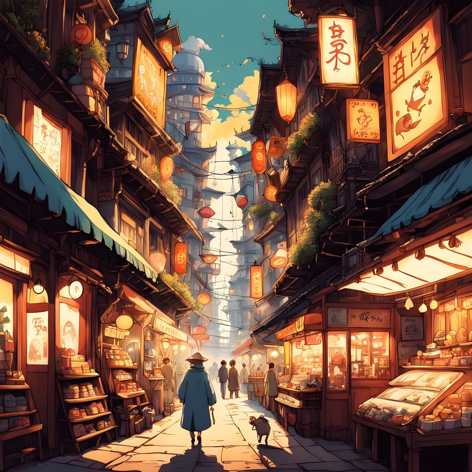 Cozy Night Market with Floating Harbor in Anime Style