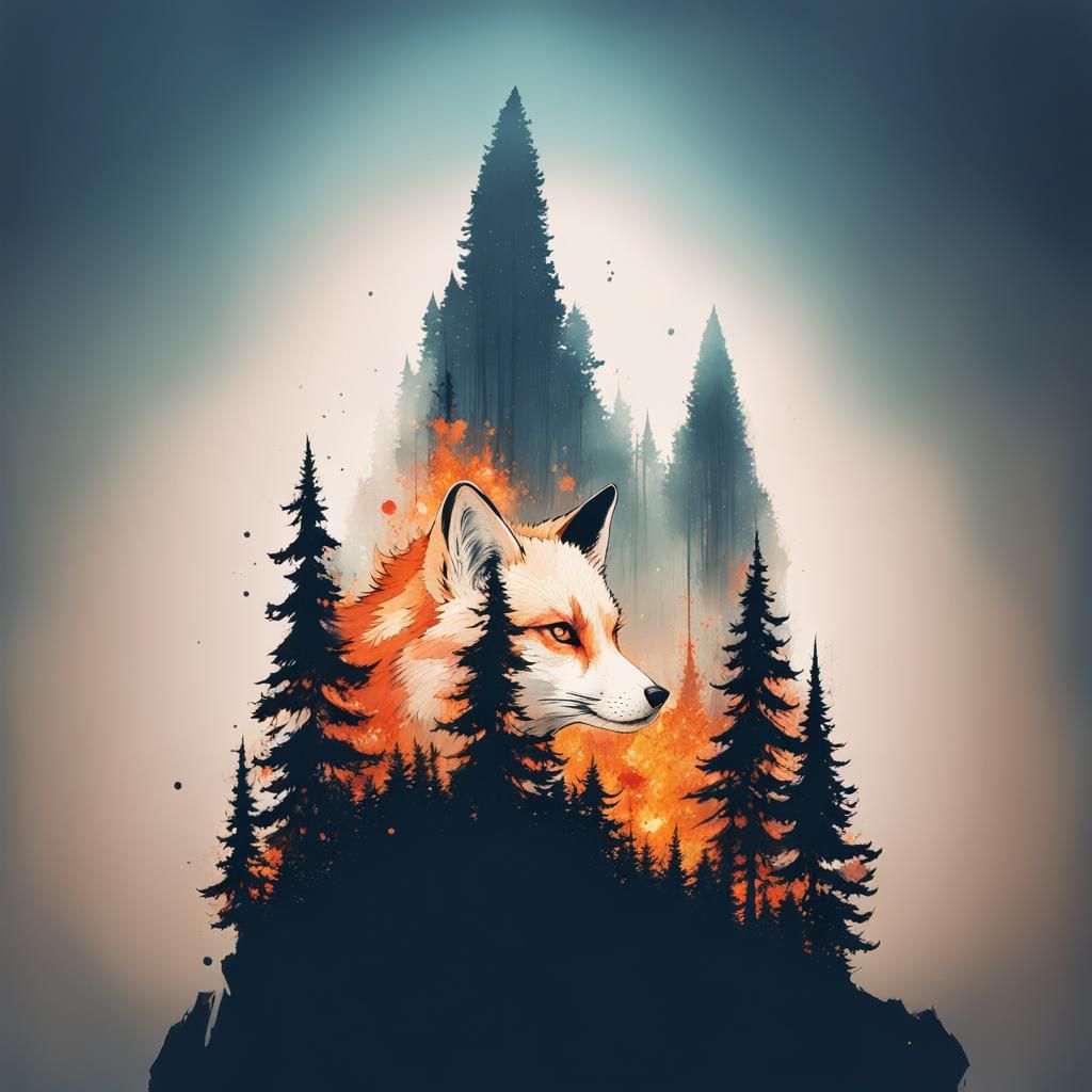 Kitsune Double Exposure Portrait in Manhwa Style