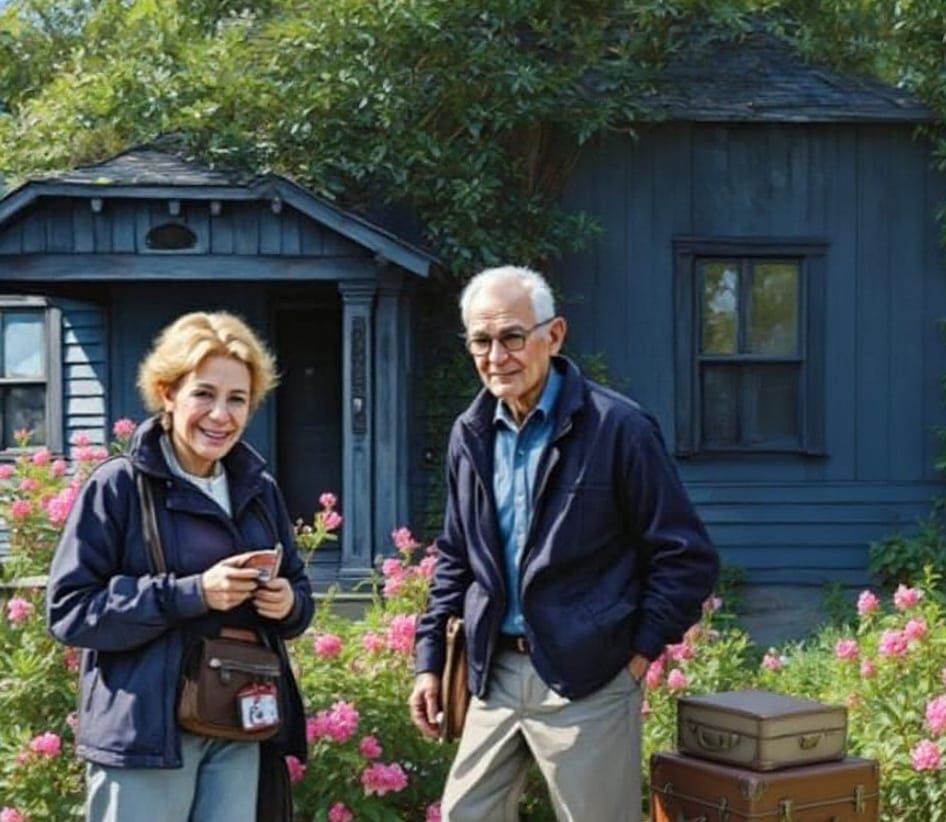 Elderly Couple's Journey: American Gothic Impasto Painting