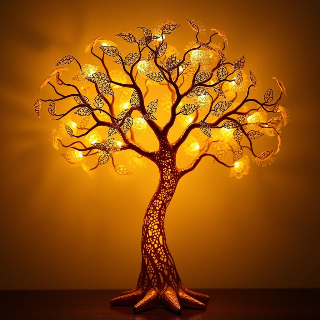 Organic Art Nouveau lamp design. Medium shot. Whimsical tree-shaped lamp with gently glowing branches, ornate filigree d...