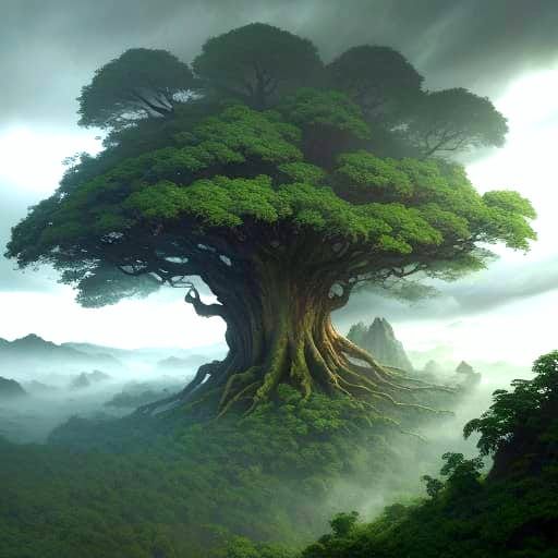 Gigantic Ancient Tree Touching Clouds in Fantasy Art