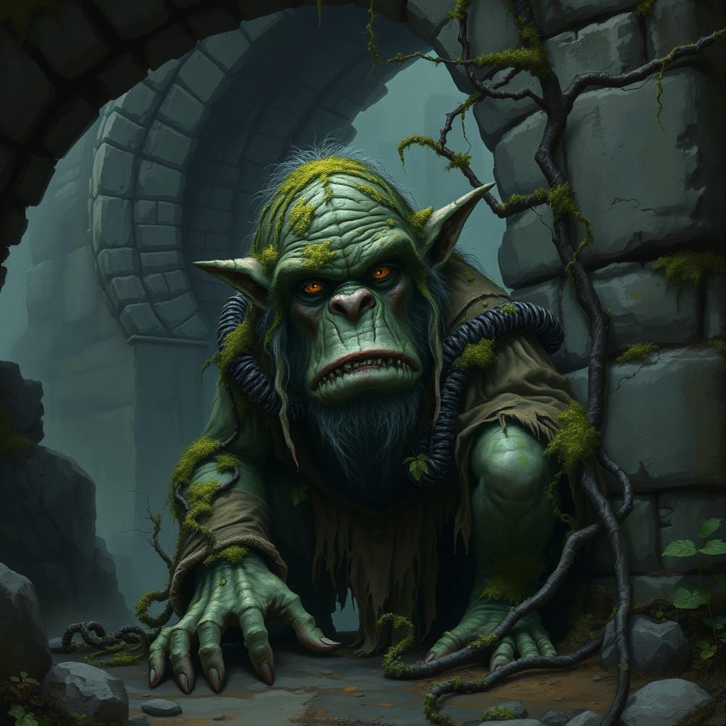 Moss Troll Crouching Under Stone Bridge
