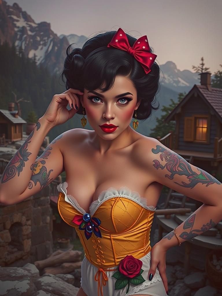 Retro Pinup Girl in Whimsical Mountain Setting