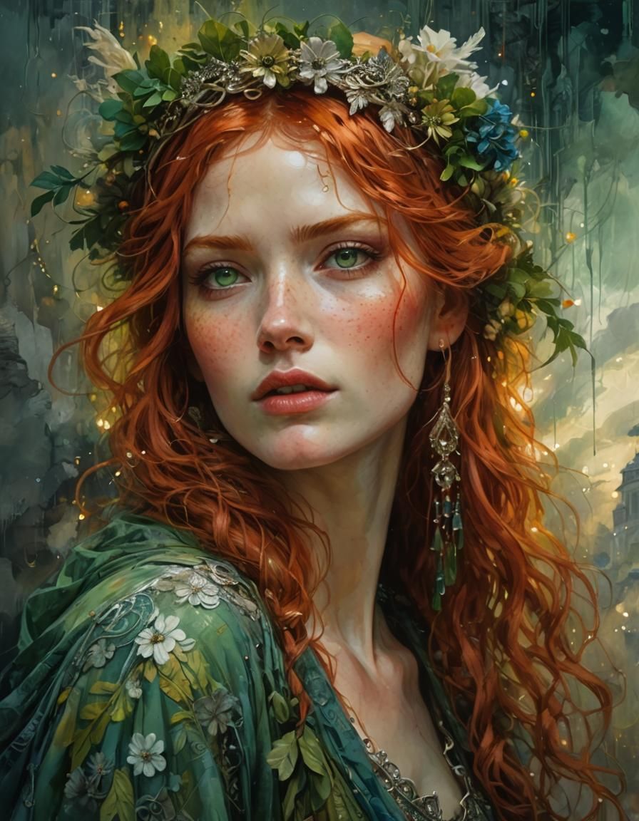 Ethereal Redhead with Flower Crown, Digital Art